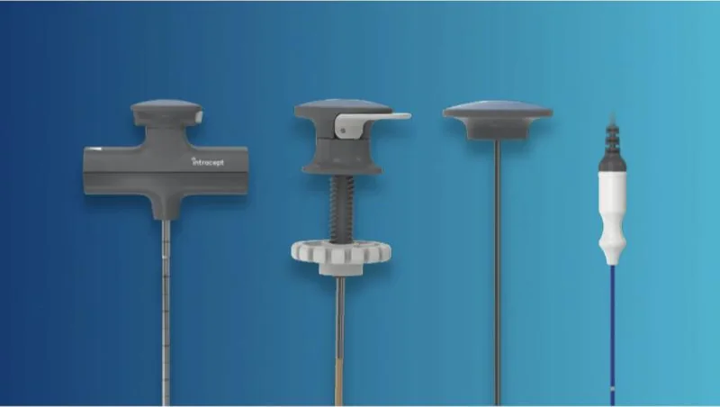Four Intracept instruments on a blue background: an access cannula with a T-handle, a curved introducer, a stylet, and the radiofrequency probe.