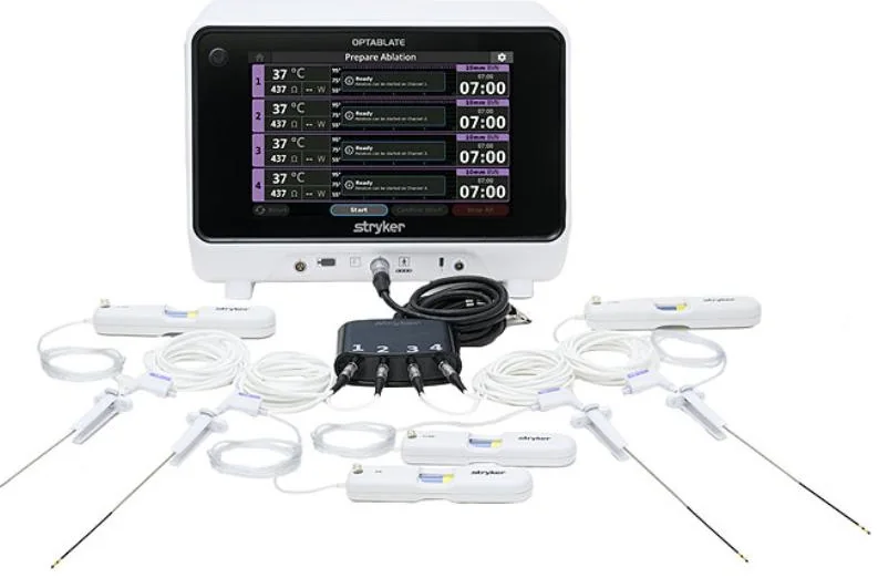The OptaBlate radiofrequency generator with a touchscreen showing four channels, surrounded by four probes, saline micro-infusers and a connection hub.
