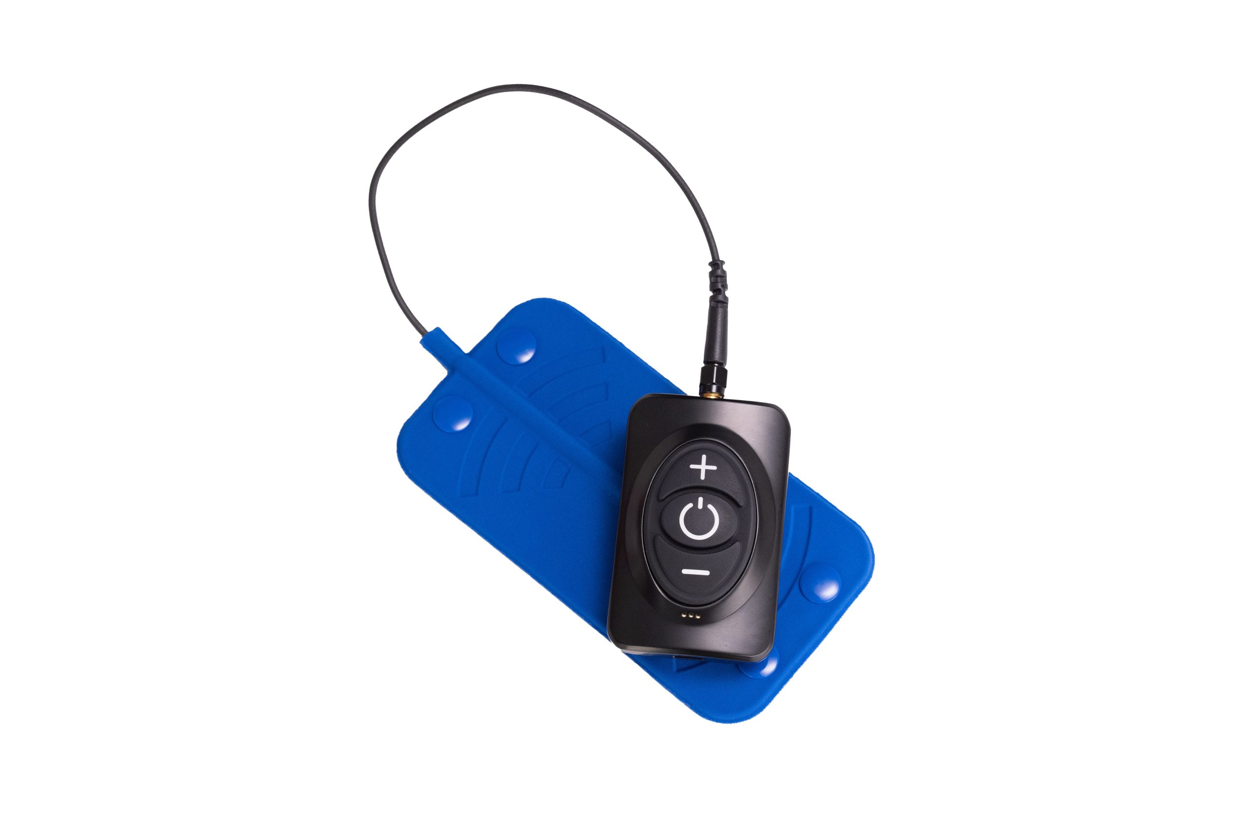 Curonix external rechargeable transmitter connected to a blue antenna assembly.