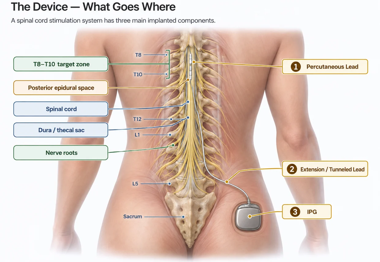 Diagram of a spinal cord stimulation system seen from behind: a percutaneous lead with eight contacts in the epidural space over vertebral levels T8 to T10, an extension wire tunnelled under the skin, and the implantable pulse generator in the upper buttock. Side panels explain the epidural space, the spinal cord, the nerve roots and the cauda equina.