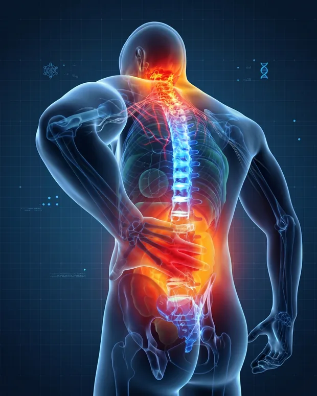 A man touching his back, with the spine highlighted.