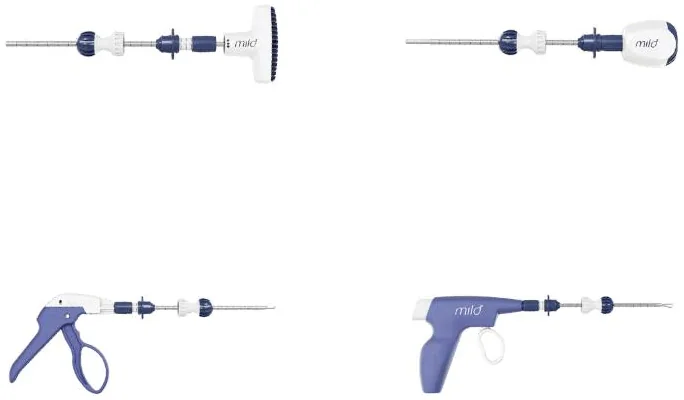 Four slender handheld instruments: a portal with a T-handle, an access auger, a scissor-grip bone rongeur, and a pistol-grip tissue sculpter.