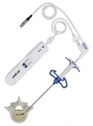 The probe connected by cable to a small handheld generator.