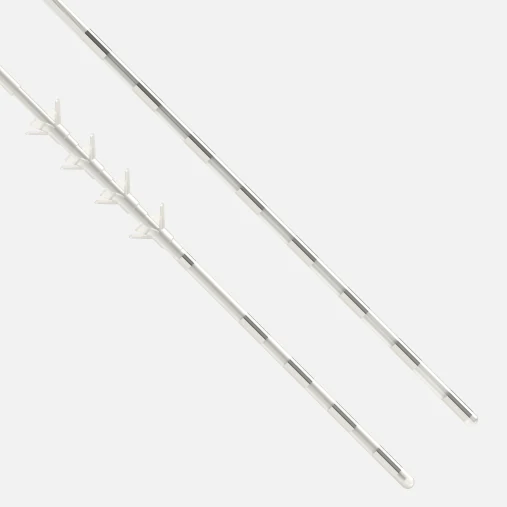 Official photograph of Nalu tined and non-tined implantable leads, shown side by side.
