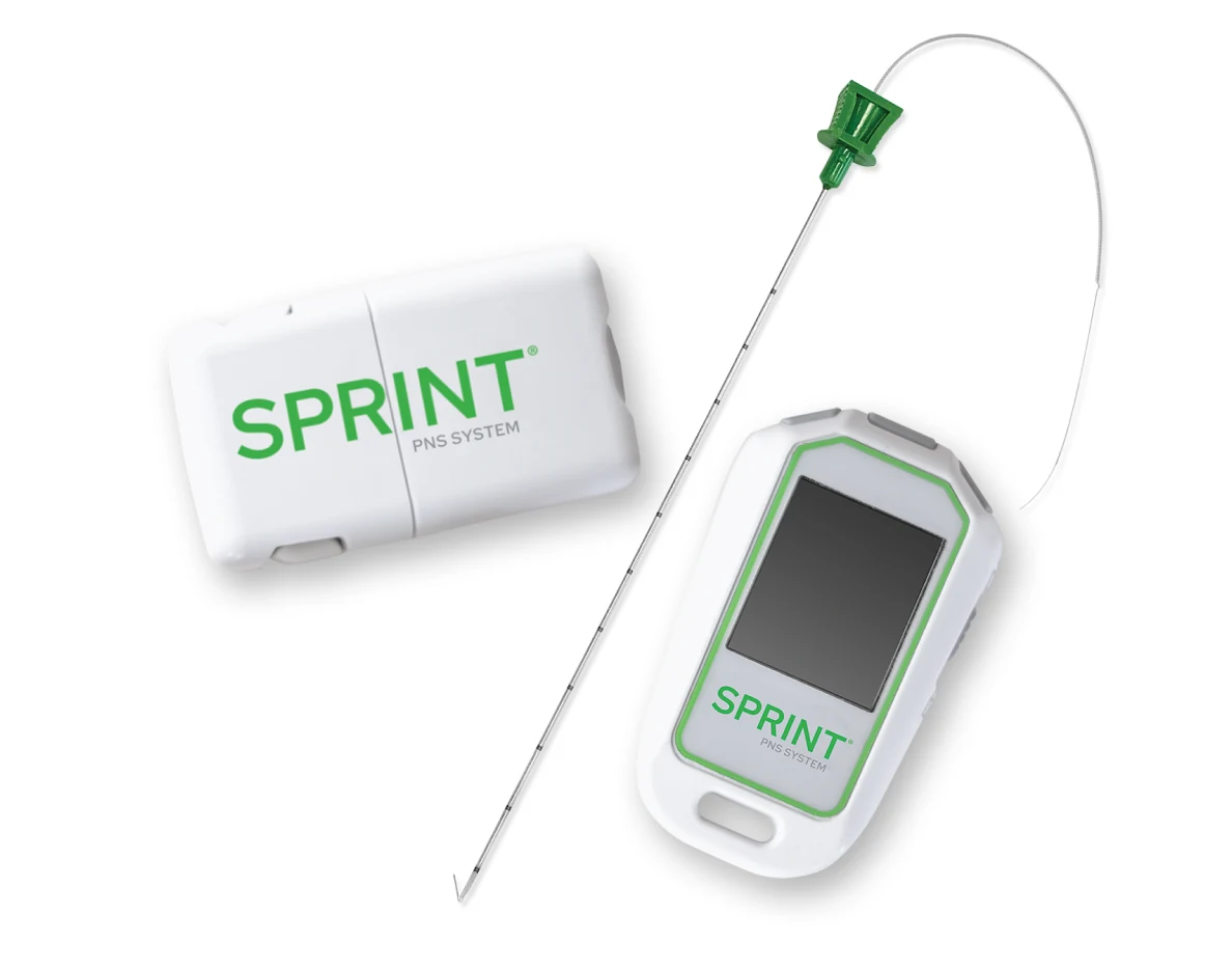Official SPRINT PNS System product photograph showing the fine lead, wearable pulse generator and handheld remote.